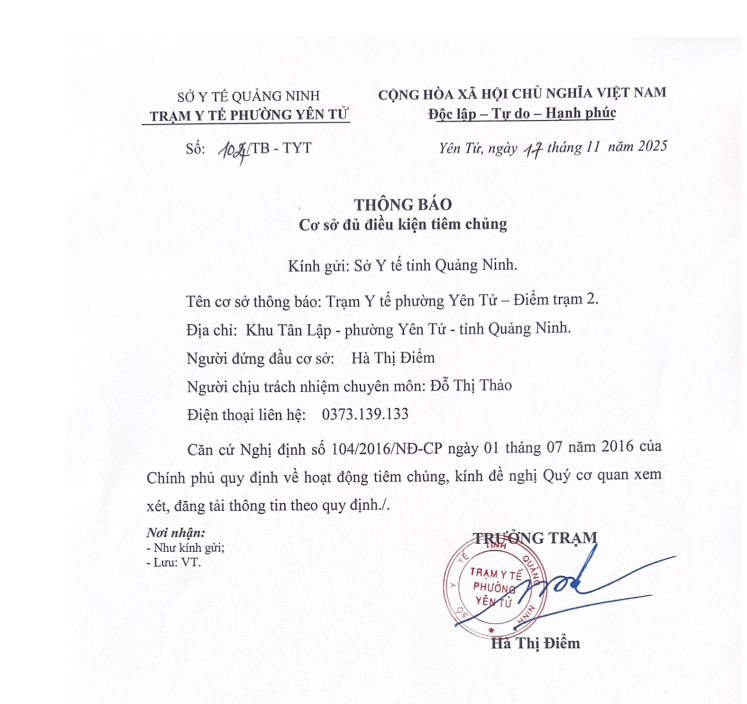 Công bố Cơ sở đủ điều kiện tiêm chủng (công lập) tại phường Yên Tử